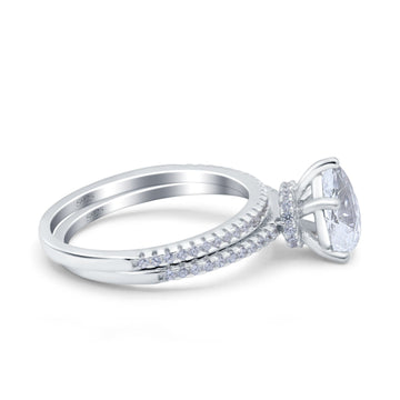 Two Piece Art Deco Pear Engagement Bridal Ring Band Simulated Cubic Zirconia 925 Sterling Silver